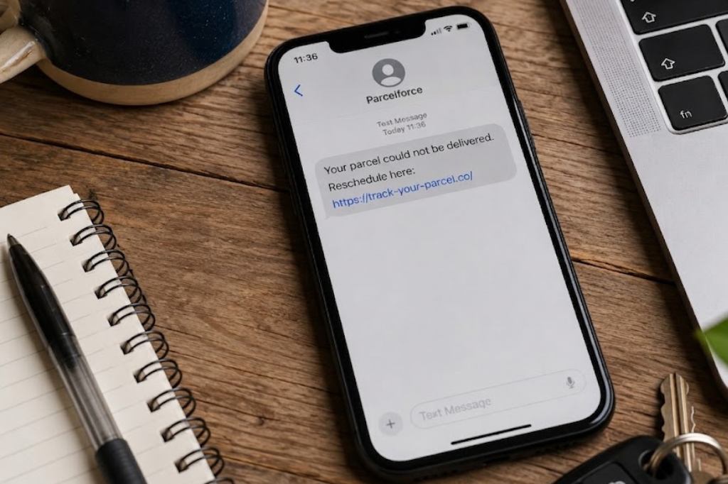 Image of a phone showing parcel not delivered phishing scam