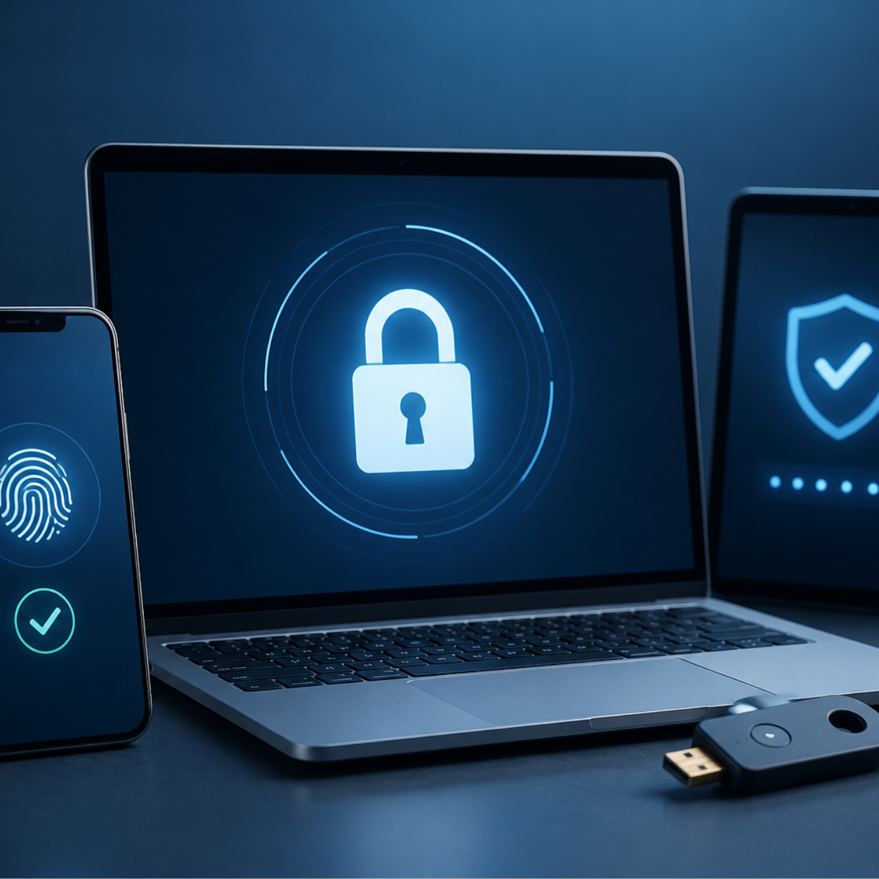 Laptop, smartphone, tablet, and security key displaying multi-factor authentication and cybersecurity protection across multiple devices.
