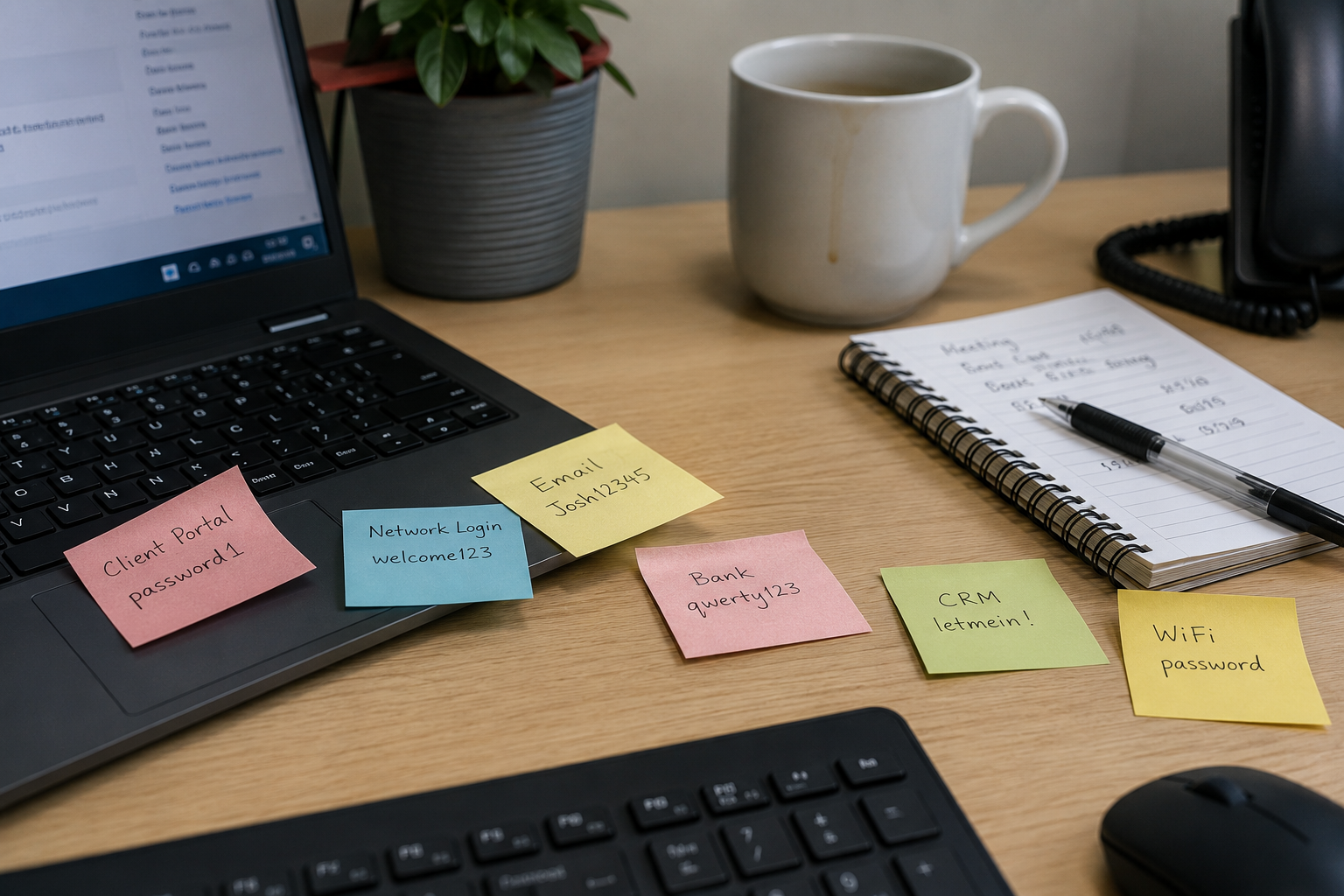 Desk with passwords on stick notes